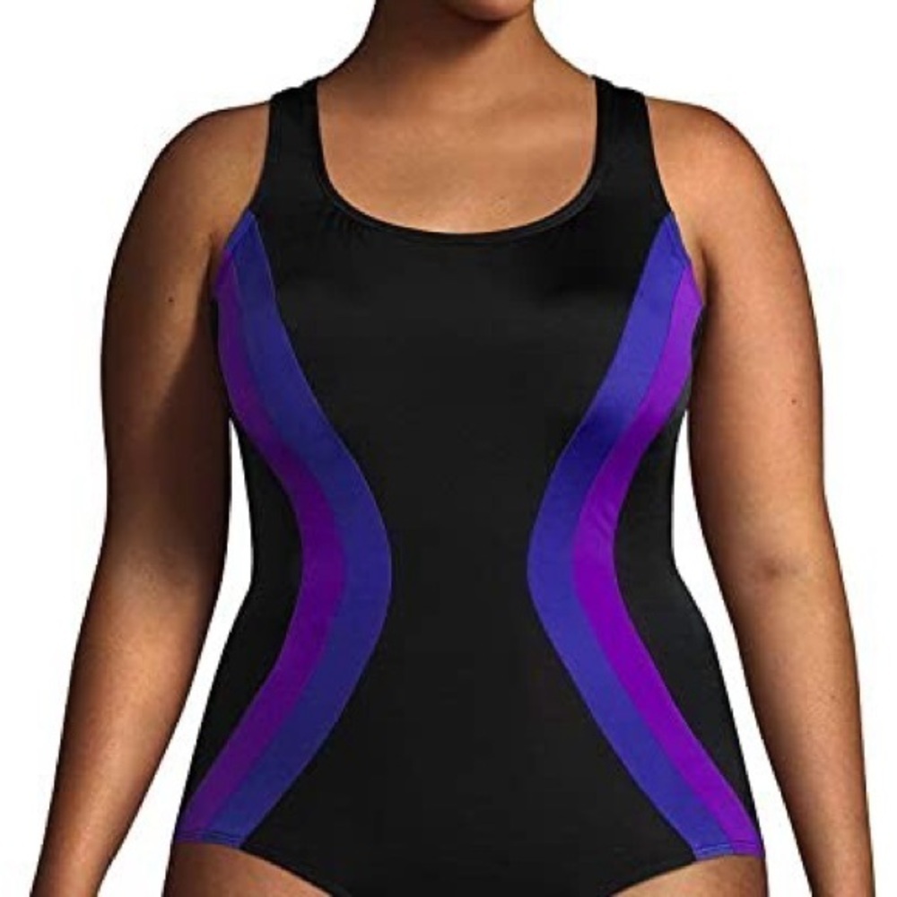 New Lands' End Black and Purple One-Piece Swimsuit - Picture 5 of 5